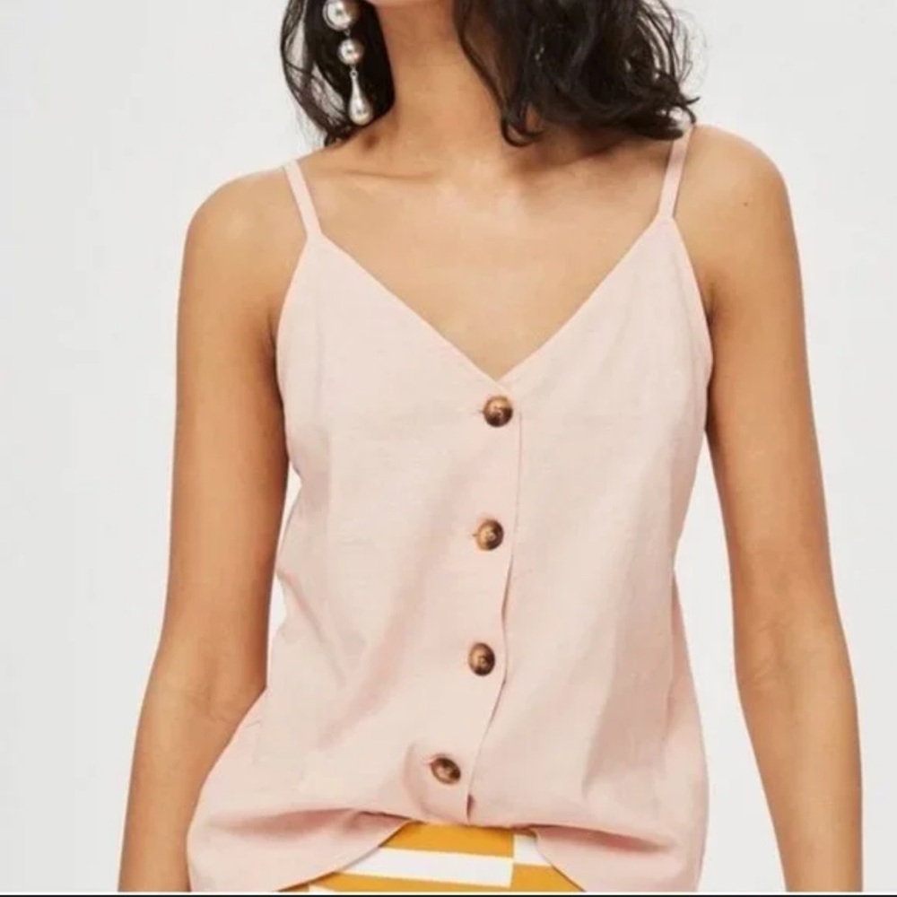 Topshop Linen Blend Button Down Camisole V-Neck Tank in Dusty Pink US Size 4